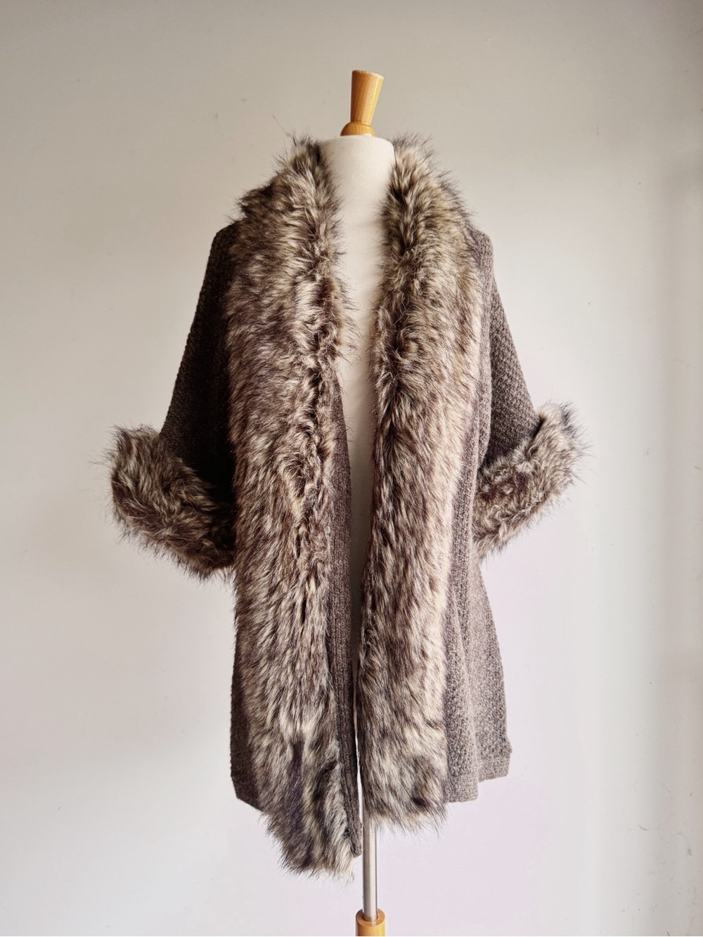 Kenar Faux Fur Trim Long Cardigan Sweater Alpaca Wool Coat Removable Collar S